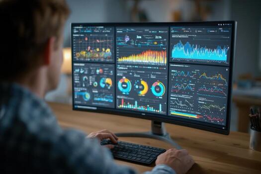A man is working on a computer with multiple monitors photo