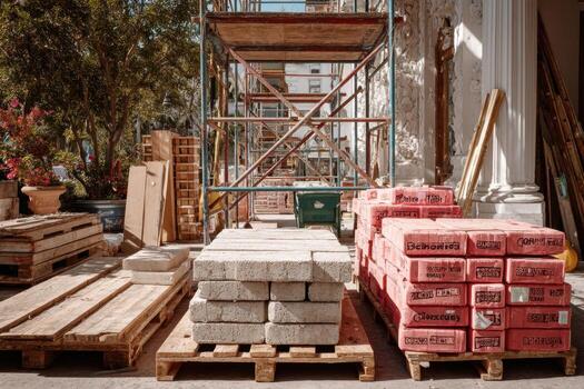 A construction site with pallets and scaffolding photo