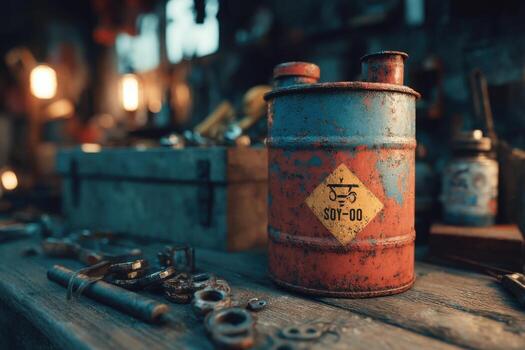 A rusty can of oil sitting on a table photo