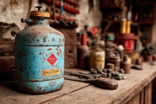 An old rusty gas can sits on a wooden table photo