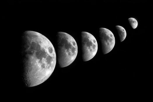 A black and white photograph of the moon with six phases photo