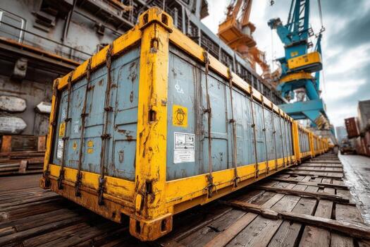 A container on a dock with a crane in the background photo