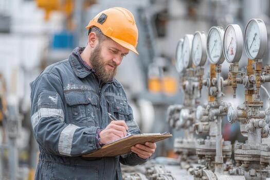 A man in a hard hat and overalls is writing on a clipboard photo