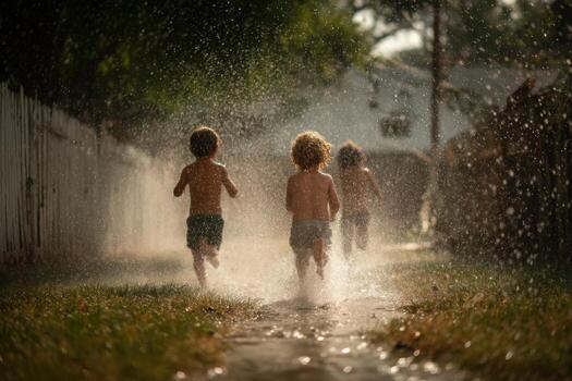Three children running through a sprinkler in the rain photo