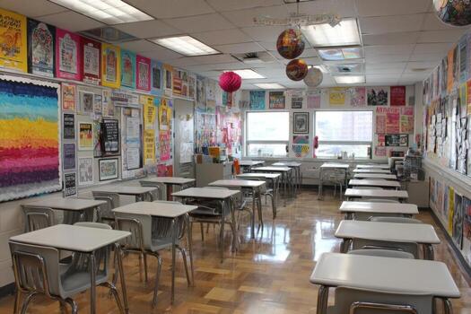 A classroom with desks and chairs photo