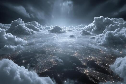 Clouds over the earth and network lines photo