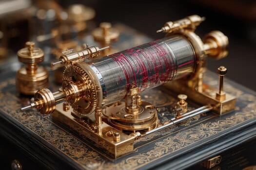 An old fashioned machine with gold and red wires photo