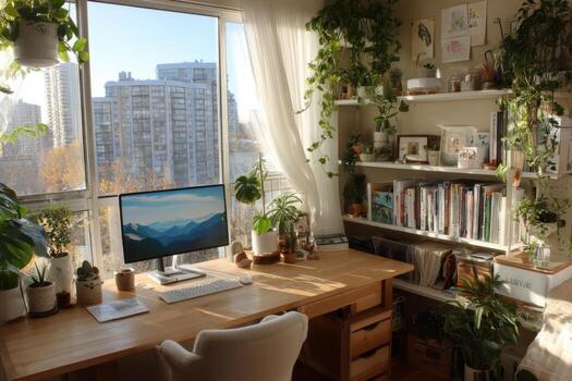 A desk with a computer and plants in front of a window photo