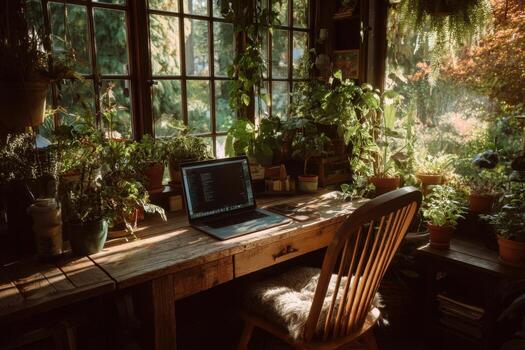 A laptop sitting on a desk in front of a window photo