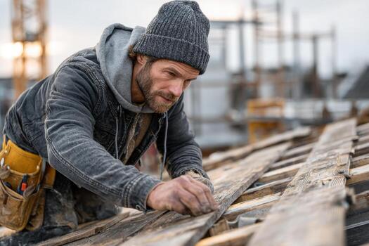 A man working on a roof with a hammer photo