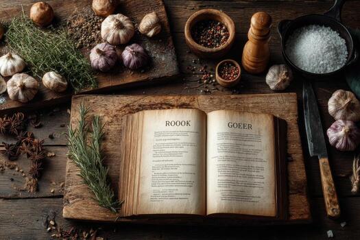 A book with garlic, onions and spices on a wooden table photo