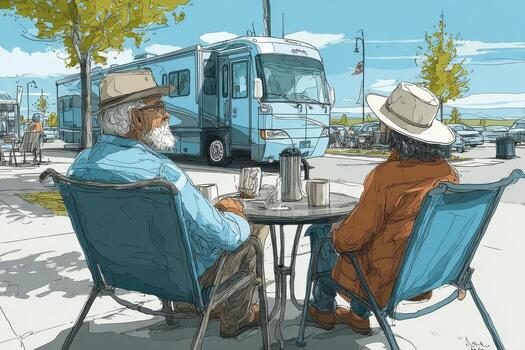 An illustration of two people sitting at a table with a rv parked in the background photo