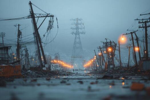 A street with power lines and debris in the middle photo