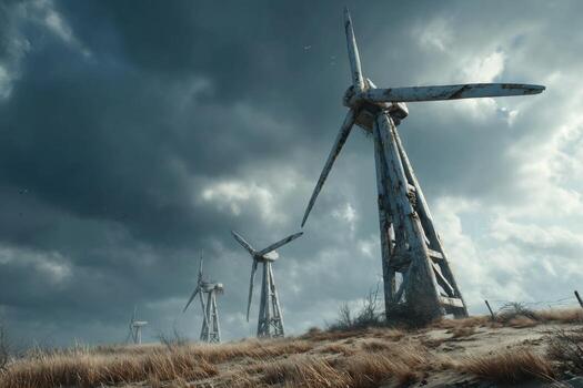 A group of wind turbines on a hill photo
