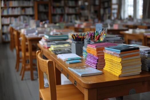 un mesa con libros y lapices en eso foto