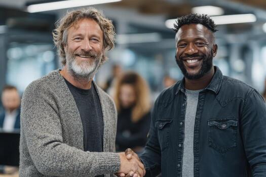 Two men shaking hands in an office photo