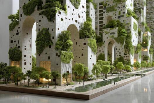 A model of a city with green trees and buildings photo