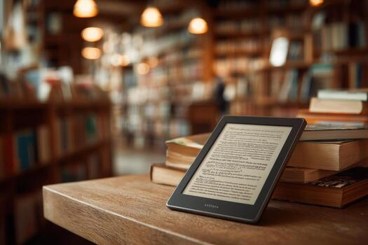 Kindle e-reader on a table in a library photo