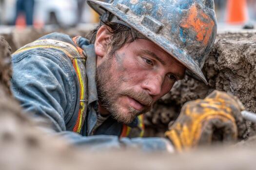A man in a hard hat and hard hat is digging in a hole photo