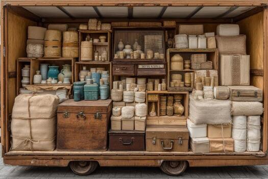 A wooden box filled with various items photo