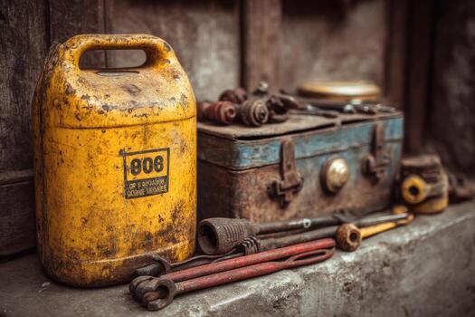 A yellow oil can with tools sitting on a ledge photo