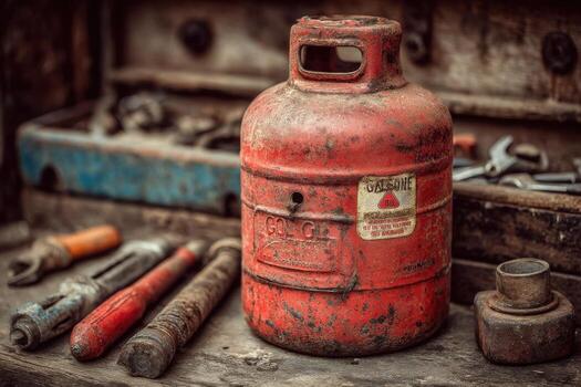 A red gas can sits on a table with other tools photo