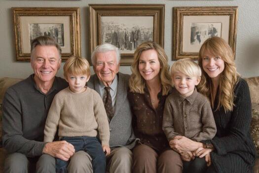 A family poses for a photo in front of a painting