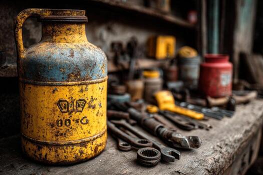 A rusty old jug sitting on a table photo