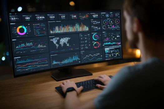 A man is using a computer with a large monitor displaying data photo