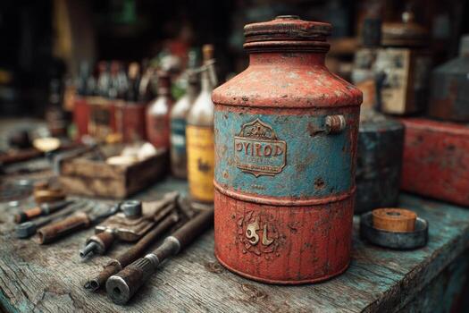 Old rusty can on wooden table with tools and other items photo