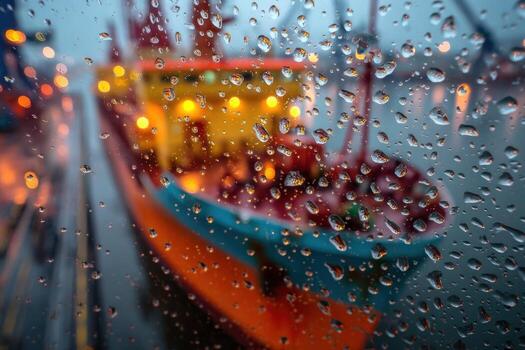 A view of a ship through a rain covered window photo