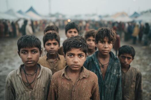 A group of children standing in front of tents photo