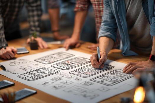 A group of people working on a project with a whiteboard photo