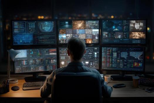 A man sitting at a desk with multiple monitors photo