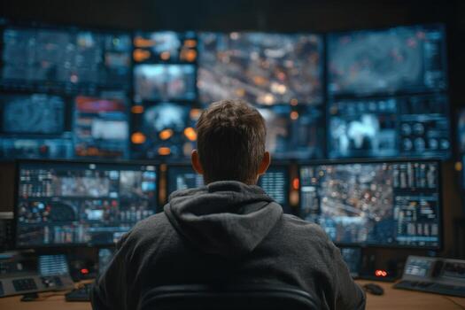 A man in a hoodie is looking at multiple screens photo