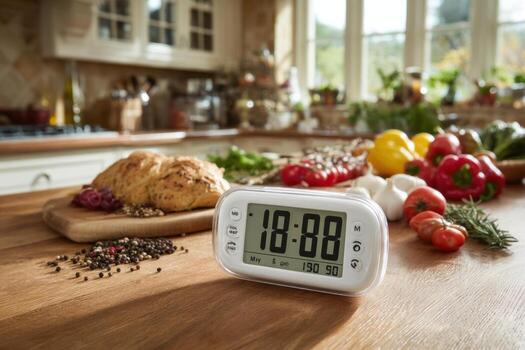 A digital clock sits on a counter in a kitchen photo
