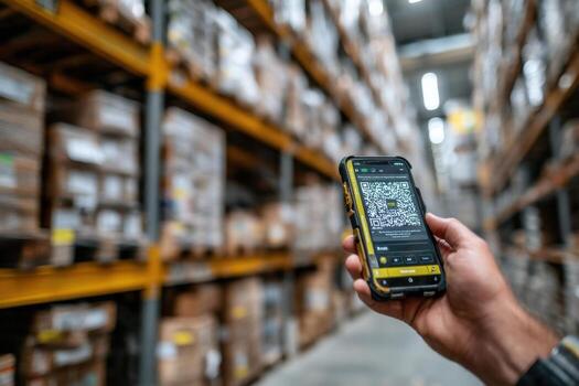 A warehouse worker using a mobile device to scan and track inventory photo