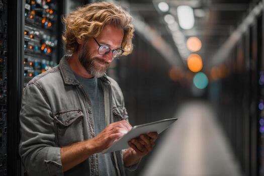 A man with glasses and a beard is using a tablet in a server room photo