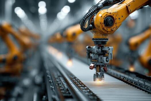 Robots moving along a conveyor belt in an industrial factory photo