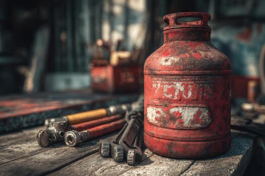 Old gas can on a wooden table with tools photo