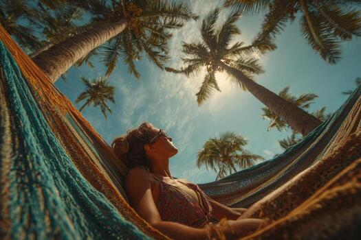 A woman in a hammock with palm trees photo