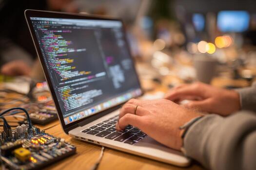 A person is typing on a laptop computer photo