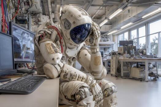 An astronaut sitting in front of a computer photo