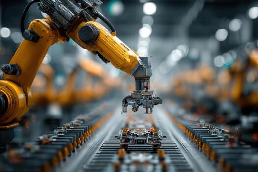 Robots working on a conveyor belt in an industrial factory photo