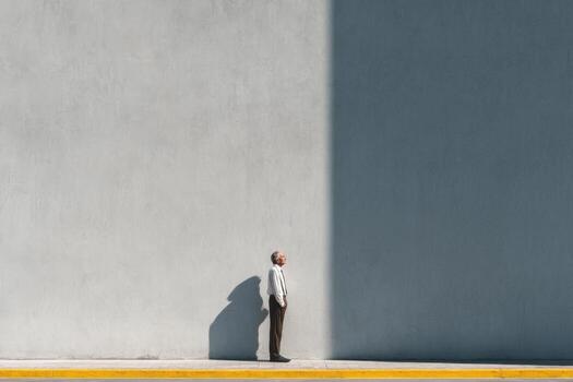A man standing in front of a wall with a shadow photo