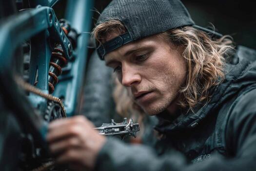 A man is fixing a bike with a wrench photo