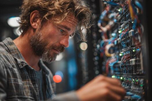 un hombre en un tartán camisa es mirando a un computadora foto