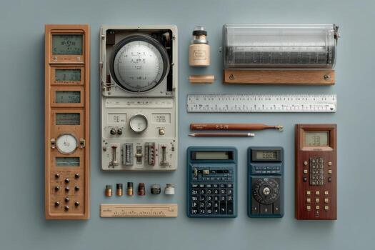 Various electronic devices including a calculator, clock, and ruler photo