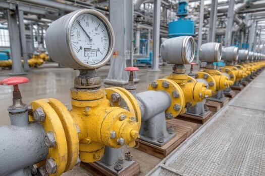 A group of valves and gauges in a factory photo