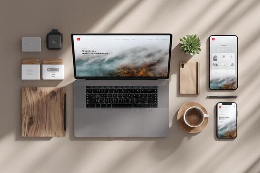 A laptop, phone, and other items on a table photo